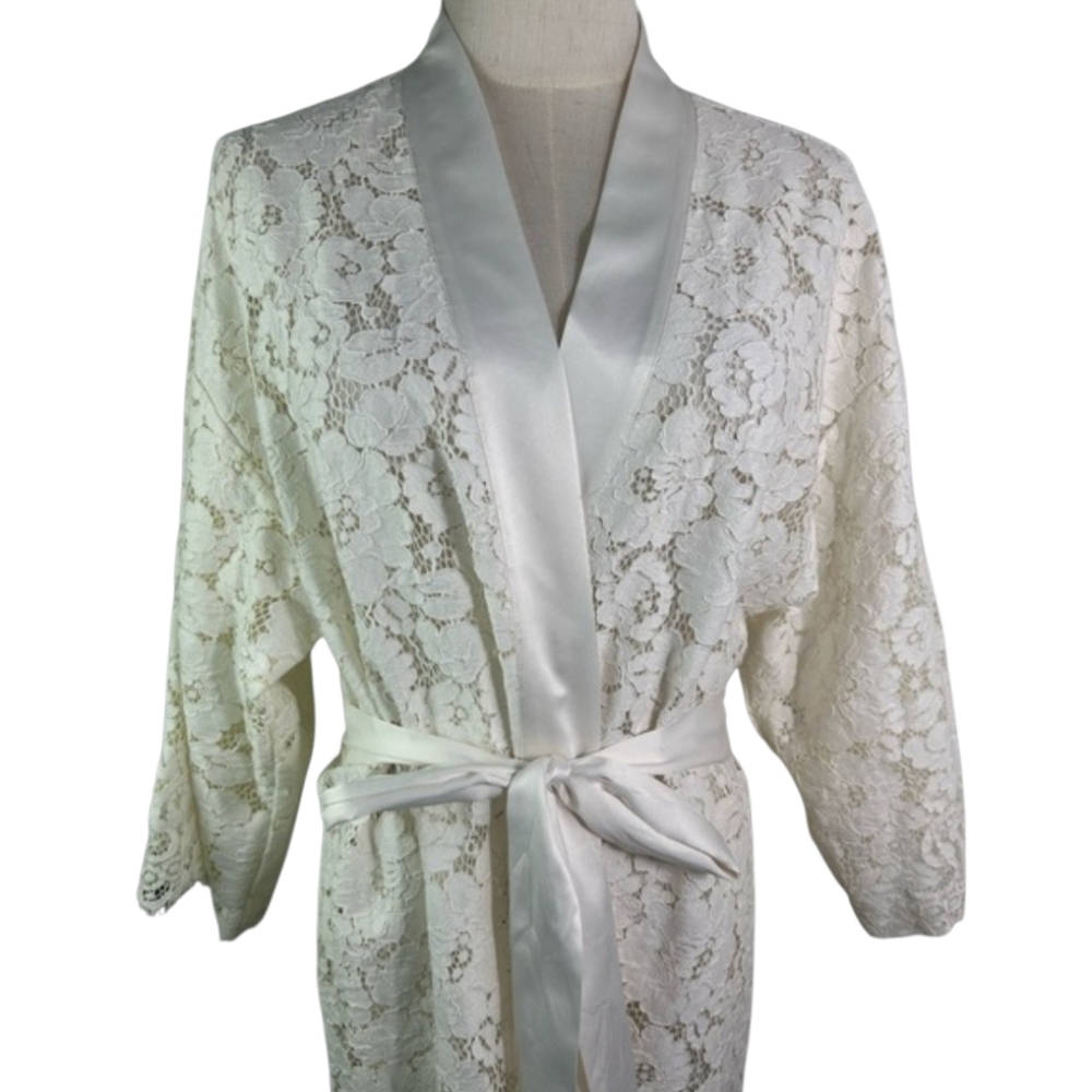 Soma Robe All Over Lace Size L/XL Ivory Satin Details Attached Belt - Picture 6 of 16